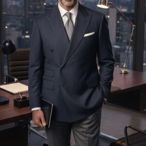 Hugo Boss Navy Pinstripe Double-Breasted Suit Jacket Sportcoat - elegant classic